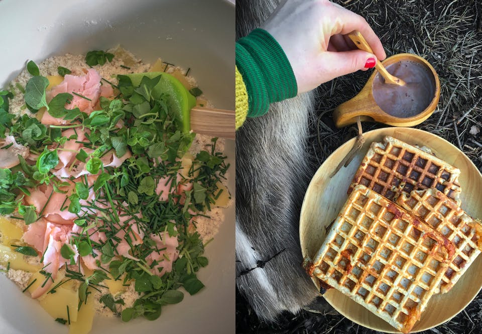 METTENDE VAFLER: Salte vafler fylt med ost, skinke og urter.